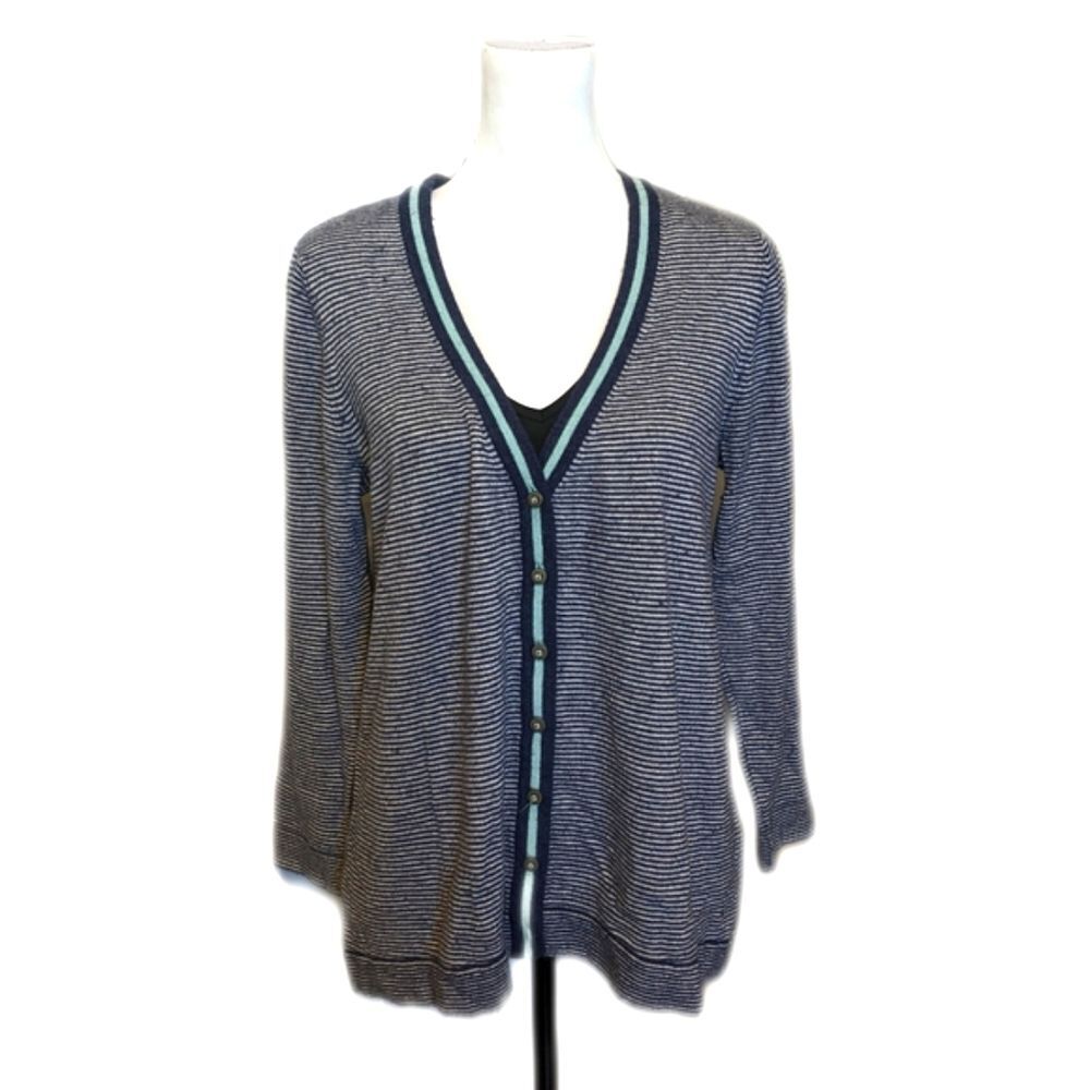J. Jill gray & navy blue striped v-neck button down cardigan sweater M